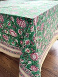 Large Table Handblock Printed Cotton Spring Summer Floral Table Cover | Jade Green