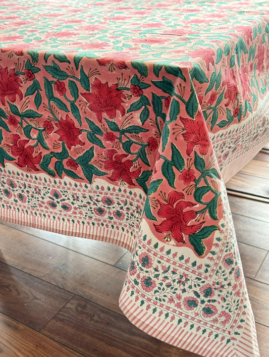 Large Table Handblock Printed Cotton Spring Summer Floral Table Cover | Light Deep Red, Tomato Sauce, Dark Green