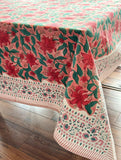 Large Table Handblock Printed Cotton Spring Summer Floral Table Cover | Light Deep Red, Tomato Sauce, Dark Green