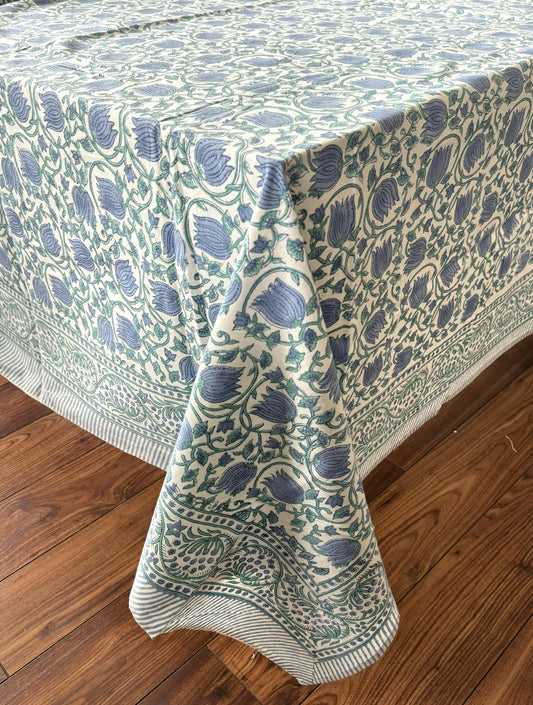 Large Table Handblock Printed Cotton Spring Summer Floral Table Cover | Vanilla White