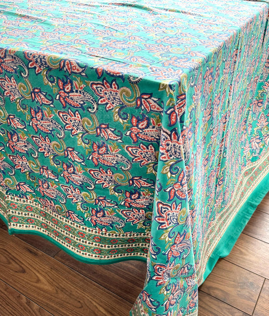 Large Table Handblock Printed Cotton Spring Summer Floral Table Cover | Turquoise