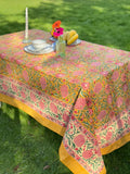 Large Table Handblock Printed Cotton Spring Summer Floral Table Cover | Neon Orange With Dark Hot Pink, Deep Green Floral Pattern