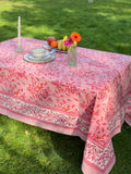 Large Table Handblock Printed Cotton Spring Summer Floral Table Cover | Light Hot Pink With Mulberry, Margenta, Orange Floral Print