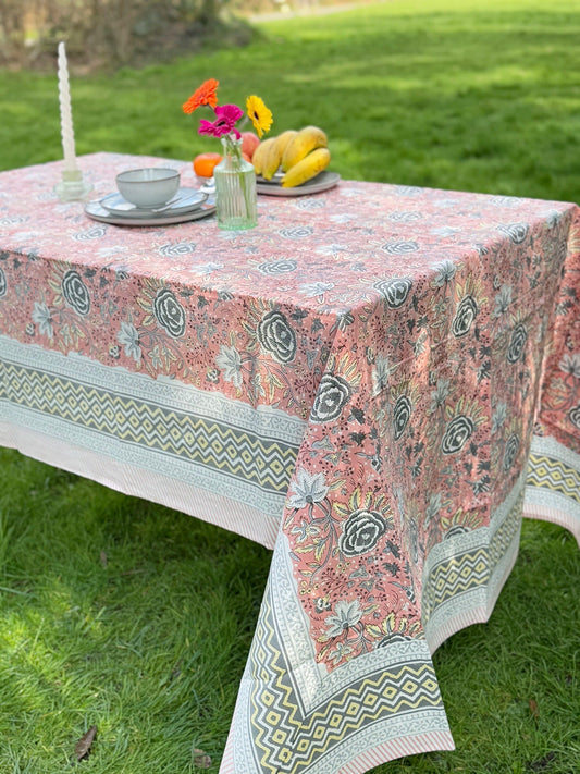 Large Table Handblock Printed Cotton Spring Summer Floral Table Cover | Pastel Peach Rose