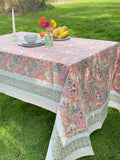 Large Table Handblock Printed Cotton Spring Summer Floral Table Cover | Pastel Peach Rose