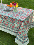 Large Table Handblock Printed Cotton Spring Summer Floral Table Cover | Sage Peach Teal Pistachia, Brick Red Blue Floral