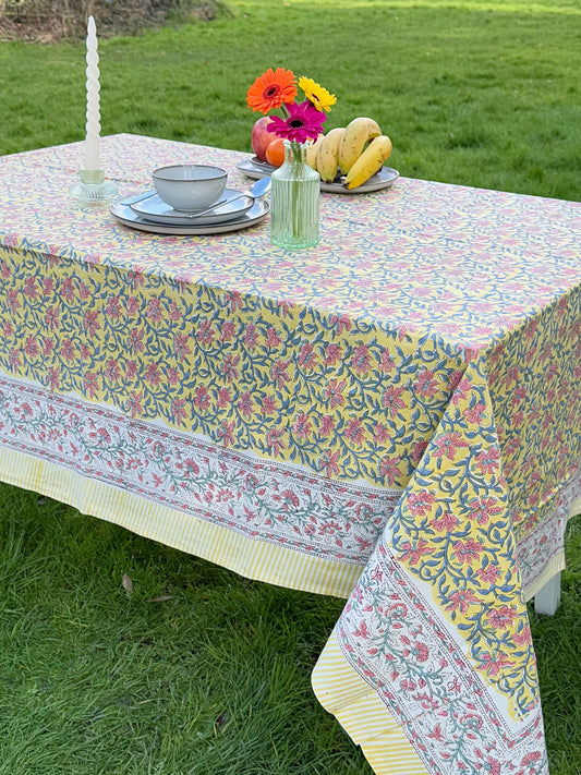 Large Table Handblock Printed Cotton Spring Summer Floral Table Cover |