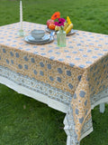 Large Table Handblock Printed Cotton Spring Summer Floral Table Cover | Beige with Aegean Blue Floral Pattern