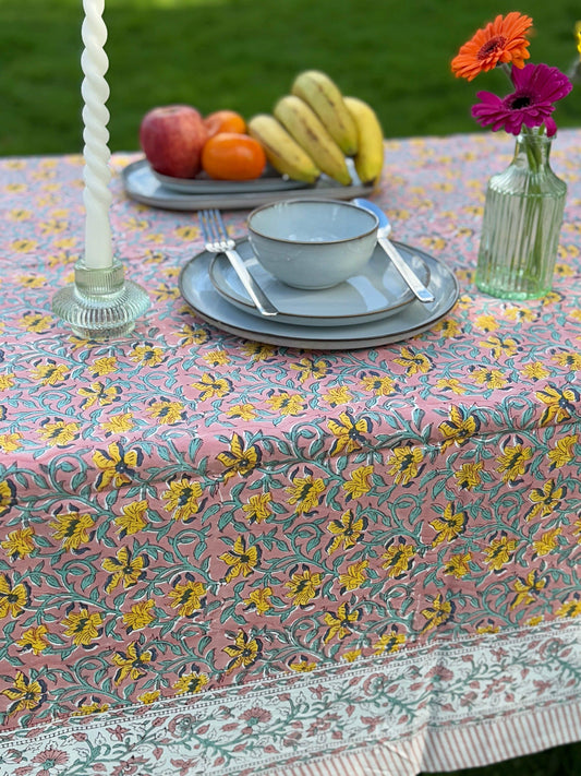 Large Table Handblock Printed Cotton Spring Summer Floral Table Cover | Dusty Rose Yellow Blue Gardenia