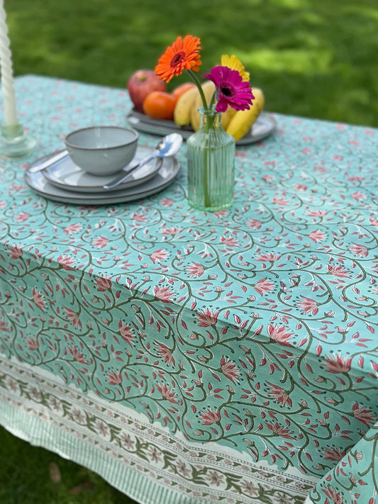 Large Table Handblock Printed Cotton Spring Summer Floral Table Cover | Teal Green with Hot Pink Floral Pattern