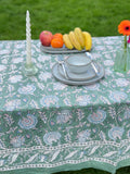 Large Table Handblock Printed Cotton Spring Summer Floral Table Cover | Dull Green with Light Blue and Jasmine White Floral Pattern