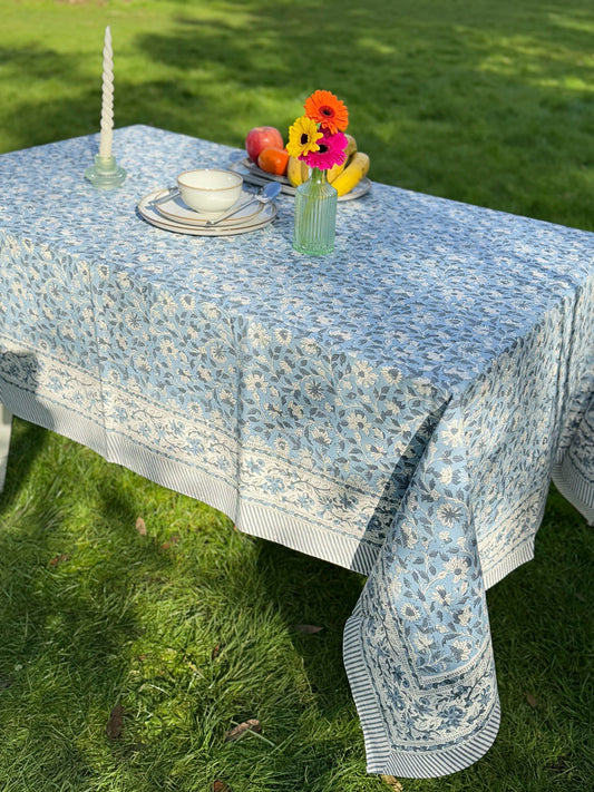 Large Table Handblock Printed Cotton Spring Summer Floral Table Cover | White with Pastel Blue Floral Pattern