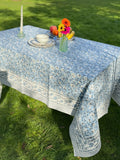 Large Table Handblock Printed Cotton Spring Summer Floral Table Cover | White with Pastel Blue Floral Pattern