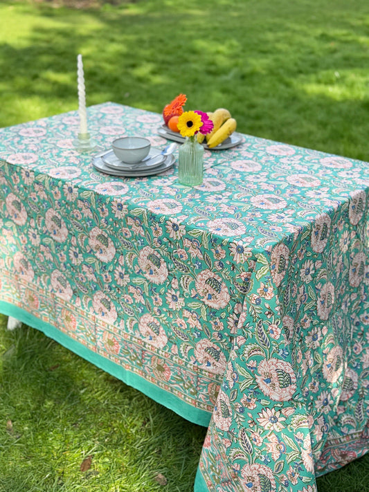 Large Table Handblock Printed Cotton Spring Summer Floral Table Cover | Turquoise with Cream Floral Pattern