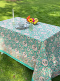 Large Table Handblock Printed Cotton Spring Summer Floral Table Cover | Turquoise with Cream Floral Pattern