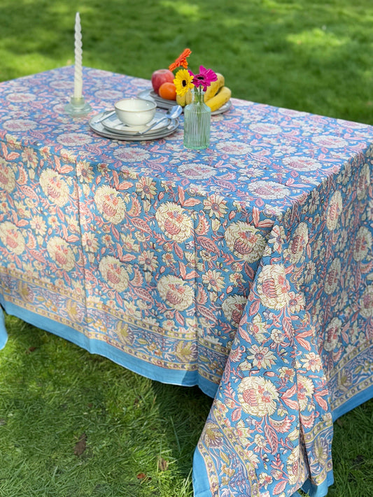 Large Table Handblock Printed Cotton Spring Summer Floral Table Cover | Best Light Blue with Beige Floral Print