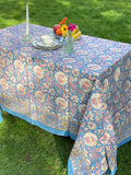 Large Table Handblock Printed Cotton Spring Summer Floral Table Cover | Best Light Blue with Beige Floral Print
