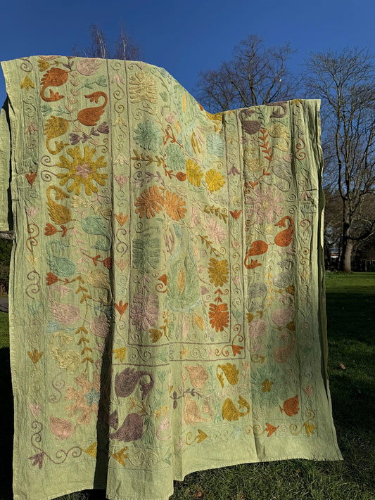 Vintage Handmade Wool Thread Embroidery – Timeless Craftsmanship & Heritage Detail Dull green