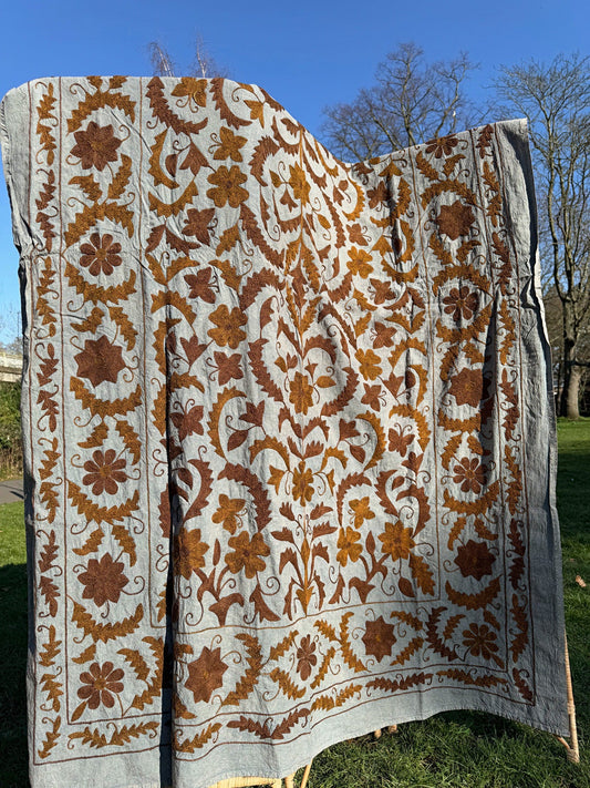 Vintage Handmade Wool Thread Embroidery – Timeless Craftsmanship & Heritage Detail Grey with brown embroidery