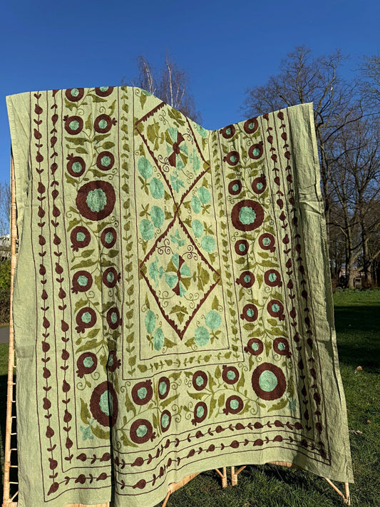 Vintage Handmade Wool Thread Embroidery – Timeless Craftsmanship & Heritage Detail Elegant sage green with brown