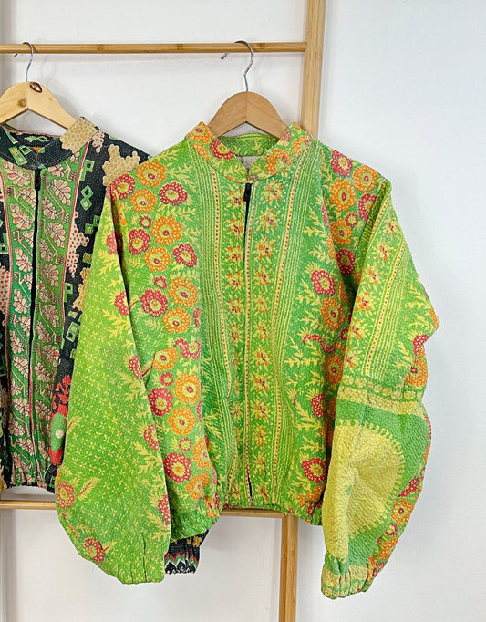 Vintage Inspired Short Jacket- Timeless Elegance with Modern Edge Fancy Green with Yellow and Red floral pattern