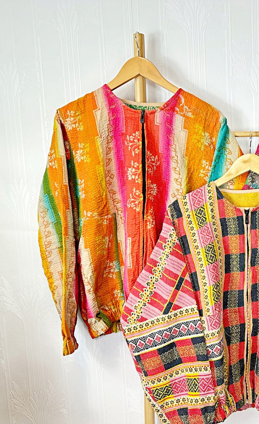 Vintage Inspired Short Jacket- Timeless Elegance with Modern Edge Orange , Pink, Yellow and Green hues