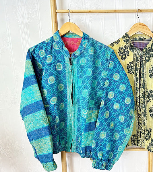 Vintage Kantha Short Zip Jacket – Handcrafted Blue circular