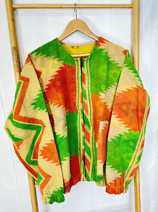 Vintage Inspired Short Jacket- Timeless Elegance with Modern Edge Cream Colore with Green and Orange Hue