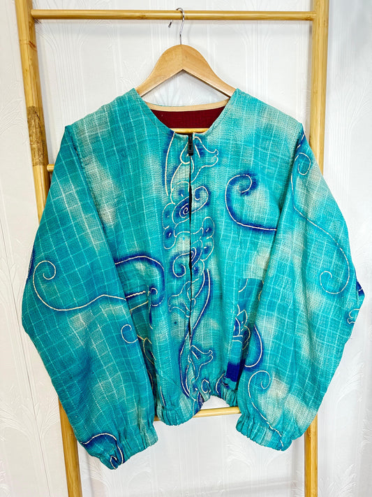 Vintage Inspired Short Jacket- Timeless Elegance with Modern Edge Teal with Blue swirls embroidered