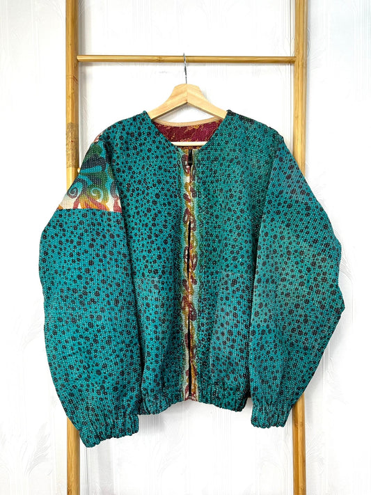 Vintage Inspired Short Jacket- Timeless Elegance with Modern Edge Teal with Black Spots