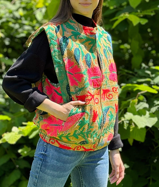 Vintage Inspired Short Jacket- Timeless Elegance with Modern Edge Vibrant Floral Pattern With Red, Green, Blue And Yellow and Beige