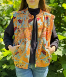 Vintage Kantha Sleeveless Zip Jacket with Suzani Embroidery – Handcrafted Orange floral