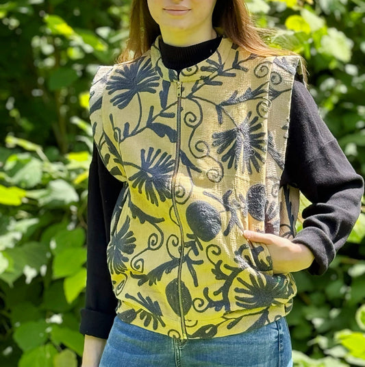 Vintage Inspired Short Jacket- Timeless Elegance with Modern Edge Yellow with a Black Floral pattern
