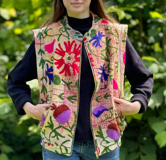 Vintage Inspired Short Jacket- Timeless Elegance with Modern Edge Beige, Floral pattern with Red, Blue, Purple and Green