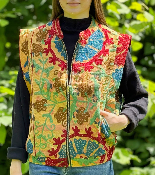 Vintage Inspired Short Jacket- Timeless Elegance with Modern Edge Yellow, a vibrant floral pattern with Red, Blue and Green