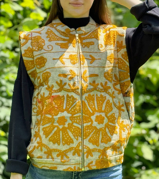Vintage Kantha Sleeveless Zip Jacket with Suzani Embroidery – Handcrafted Mustard Print