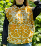 Vintage Kantha Sleeveless Zip Jacket with Suzani Embroidery – Handcrafted Mustard Print