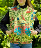 Vintage Kantha Sleeveless Zip Jacket with Suzani Embroidery – Handcrafted Green Floral