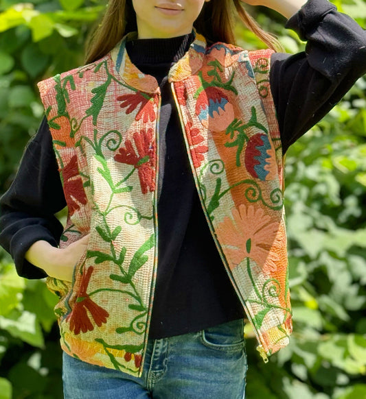 Vintage Inspired Short Jacket- Timeless Elegance with Modern Edge Floral Embroidery in shades of Red, Orange and Green