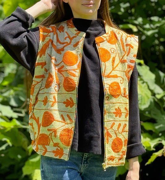 Vintage Inspired Short Jacket- Timeless Elegance with Modern Edge Yellow with Orange Floral Patterns