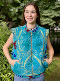 Vintage Kantha Sleeveless Zip Jacket with Suzani Embroidery – Handcrafted Sky Blue