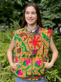 Vintage Kantha Sleeveless Zip Jacket with Suzani Embroidery – Handcrafted Mustard