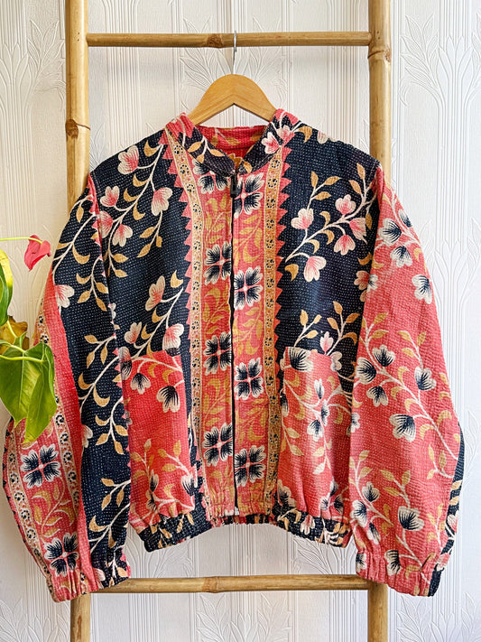 Vintage Kantha Short Zip Jacket – Handcrafted pink floral