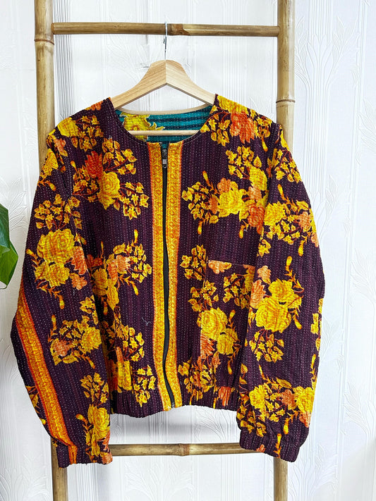 Vintage Inspired Short Jacket- Timeless Elegance with Modern Edge Dark Purple with Yellow and Orange Floral Pattern