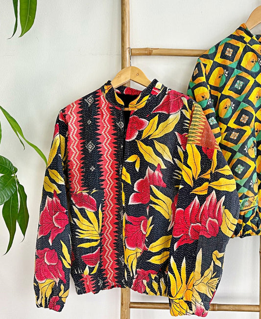 Vintage Inspired Short Jacket- Timeless Elegance with Modern Edge Black, Red, Yellow Vibrant Floral Pattern