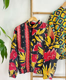 Vintage Inspired Short Jacket- Timeless Elegance with Modern Edge Black, Red, Yellow Vibrant Floral Pattern