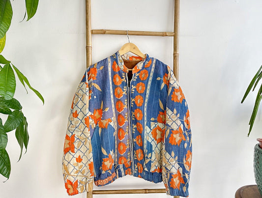 Vintage Inspired Short Jacket- Timeless Elegance with Modern Edge Predominantly Blue with Orange and White florall pattern