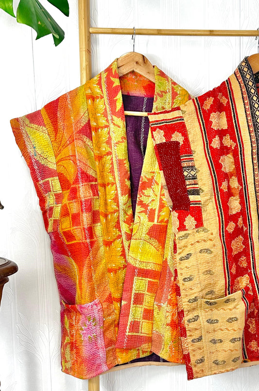 Vintage Inspired Short Jacket- Timeless Elegance with Modern Edge Red with yellow flora