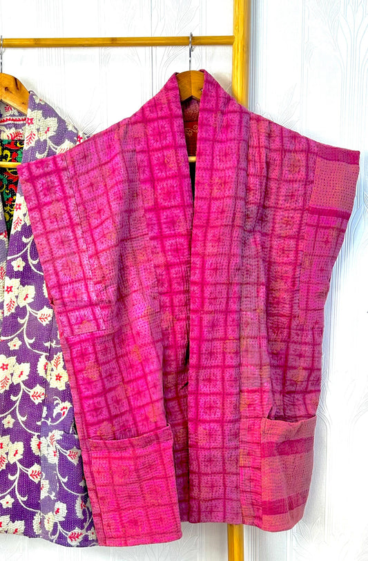 Vintage Kantha Short Open Fur Jacket-Pink