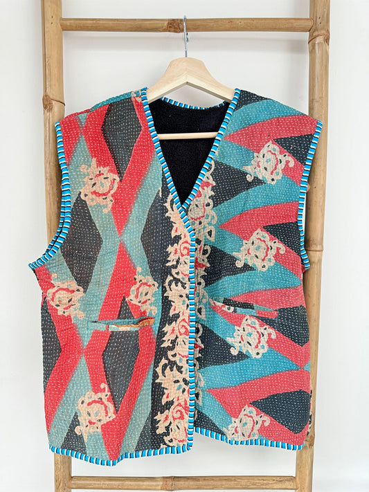 Vintage Inspired Short Jacket- Timeless Elegance with Modern Edge Black red zig zag